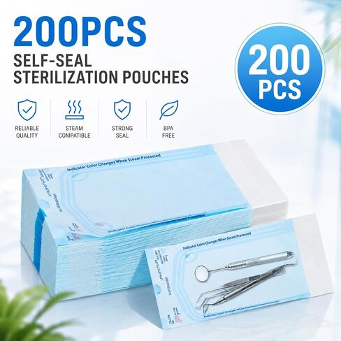 200 قطعة من أكياس التعقيم ذاتية الغلق - أكياس الأوتوكلاف مقاس 2.25 × 5 بوصة لأدوات الأظافر ومستلزمات الوشم، أكياس التعقيم، ملحقات وشم الأسنان للاستعمال مرة واحدة in Kuwait