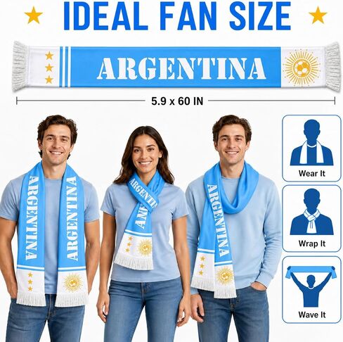 Argentina Soccer Fan Scarf, Argentina Flag Double Sided Printed, Patriotic Sports Supporter 5.9 x 60 Inch, Polyester National Team Souvenir Scarf Gift for Men Women Game Day Stadium Party in Kuwait