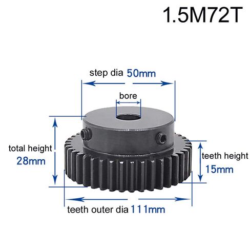 1.5Mod 72T Steel Pinion Gear Black Hardened Motor Spur Gear with Step Bore 12mm Outer Dia 111mm Teeth Height 15mm in Kuwait