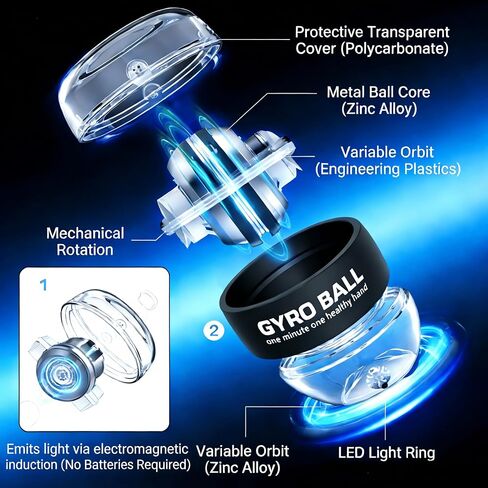 كرة جيروسكوبية للمعصم مع أضواء LED وحقيبة محمولة، كرة عزم الدوران لقوة القبضة، ساعد المعصم وتقوية الأذرع، كرة تمرين جيروسكوبية للمعصم للأصابع والقبضة والعضلات in Kuwait