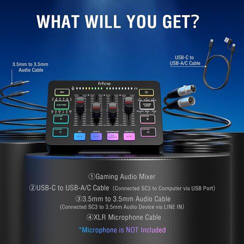 جهاز مزج الصوت للألعاب من FIFINE مع حزمة كابل XLR، وجهاز بث RGB PC مع كابل ميكروفون، وواجهة XLR، وخافت الصوت، وزر كتم الصوت، وميكروفون الكمبيوتر للتسجيل/البودكاست/الصوت/صوت اللعبة (SC3+L9) in Kuwait
