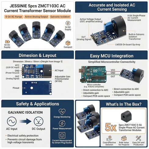 5pcs ZMCT103C AC Current Transformer Sensor Module, 0–5 A Single‑Phase, 5 V Supply, Analog Output in Kuwait