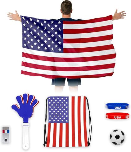 G128 USA Soccer Fan Kit 6 PCS, Game Day Supporter Set with Wearable Flag, Bracelets, Clapper, Squishy Ball, Drawstring Bag & Face Paint, Soccer Fan Gear, Watch Party Accessories & Party Supplies in Kuwait