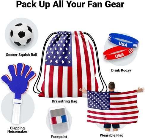 G128 USA Soccer Fan Kit 6 PCS, Game Day Supporter Set with Wearable Flag, Bracelets, Clapper, Squishy Ball, Drawstring Bag & Face Paint, Soccer Fan Gear, Watch Party Accessories & Party Supplies in Kuwait