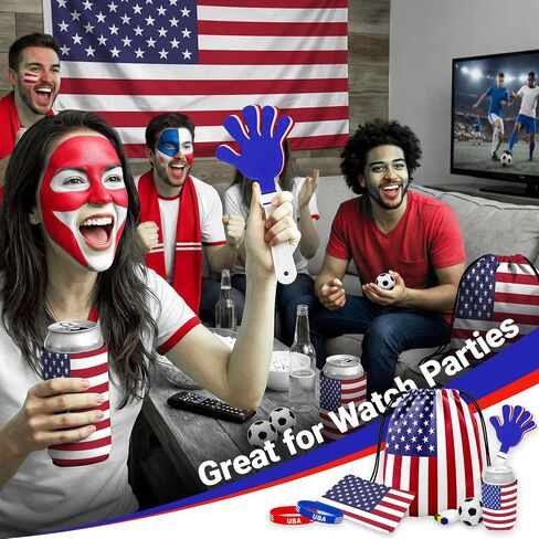 G128 USA Soccer Fan Kit 6 PCS, Game Day Supporter Set with Wearable Flag, Bracelets, Clapper, Squishy Ball, Drawstring Bag & Face Paint, Soccer Fan Gear, Watch Party Accessories & Party Supplies in Kuwait