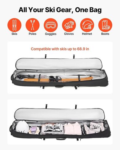 VEVOR Ski Roller Bag, Padded Snowboard Bag with Wheels for Air Travel, 600D Waterproof Oxford Fabric, with Adjustable Straps, for Skis Poles Goggles Gloves Helmet Boots in Kuwait