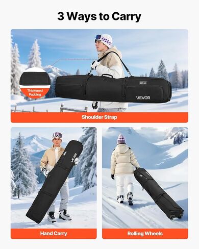 VEVOR Ski Roller Bag, Padded Snowboard Bag with Wheels for Air Travel, 600D Waterproof Oxford Fabric, with Adjustable Straps, for Skis Poles Goggles Gloves Helmet Boots in Kuwait