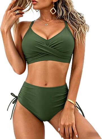 Fanuerg Women's High Waisted Bikini Sets Drawstring Tummy Control Two Piece Swimsuits Crisscross Tie Back Bathing Suit in Kuwait