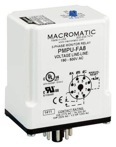 Macromatic Phase Monitor Relay, 190 to 500VAC Input Voltage, Contact Form: SPDT, Base Type: Octal - PMPU-FA8 in Kuwait