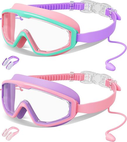 Kids Swim Goggles Wide View Anti-Fog UV Protection No Leak with Earplugs | Nose Clip, Swimming Goggles for Kids, Children Swim Mask, Boys Girls Teens, Pool Beach Essentials, Beach Must Have in Kuwait