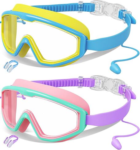Kids Swim Goggles Wide View Anti-Fog UV Protection No Leak with Earplugs | Nose Clip, Swimming Goggles for Kids, Children Swim Mask, Boys Girls Teens, Pool Beach Essentials, Beach Must Have in Kuwait