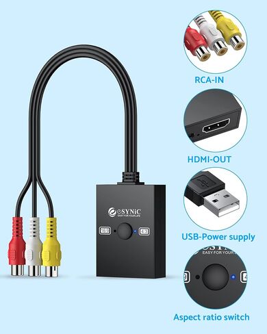محول eSynic RCA إلى HDMI المحمول مع محول 4:3/16:9، مخرج 1080P، توصيل وتشغيل AV إلى HDMI لمحول فيديو الألعاب الرجعية Wii/PS2/N64/PS1 لـ HDTV/جهاز العرض، متوافق مع PAL/NTSC in Kuwait