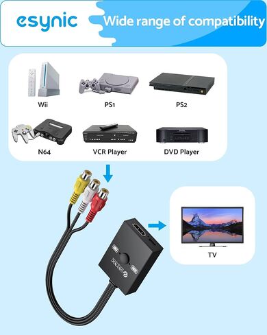 محول eSynic RCA إلى HDMI المحمول مع محول 4:3/16:9، مخرج 1080P، توصيل وتشغيل AV إلى HDMI لمحول فيديو الألعاب الرجعية Wii/PS2/N64/PS1 لـ HDTV/جهاز العرض، متوافق مع PAL/NTSC in Kuwait
