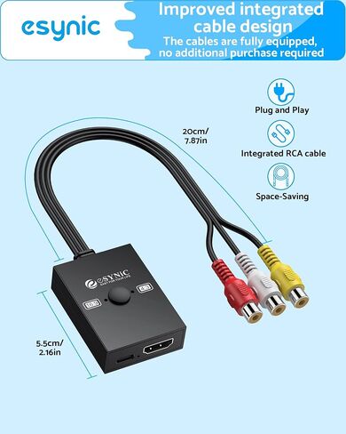 محول eSynic RCA إلى HDMI المحمول مع محول 4:3/16:9، مخرج 1080P، توصيل وتشغيل AV إلى HDMI لمحول فيديو الألعاب الرجعية Wii/PS2/N64/PS1 لـ HDTV/جهاز العرض، متوافق مع PAL/NTSC in Kuwait