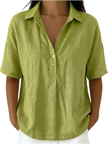 Linen Tops for Women Short Sleeve Henley Shirt Button up V Neck Blouse Casual Summer Vacation Clothes Plain Linen Tops in Kuwait