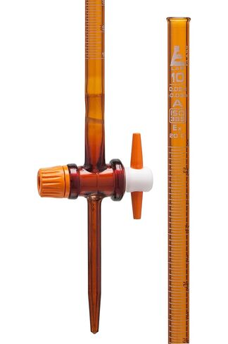 EISCO Amber Burette, 10mL - with PTFE Key Stopcock - Class A, ±0.03mL Tolerance - White Scale, 0.05mL Graduations - Borosilicate Glass in Kuwait