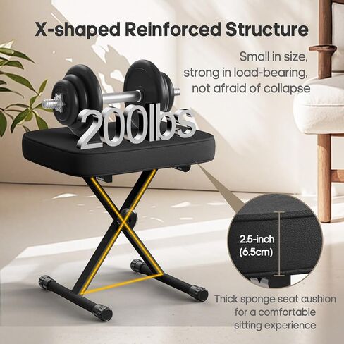 OLIXIS Adjustable Padded Keyboard Bench, X-Style Collapsible Piano Guitar Stool with 2.56 Inch Thickness High-Density Sponge and 3-Position Height, Waterproof Non-Skid Design, Black in Kuwait