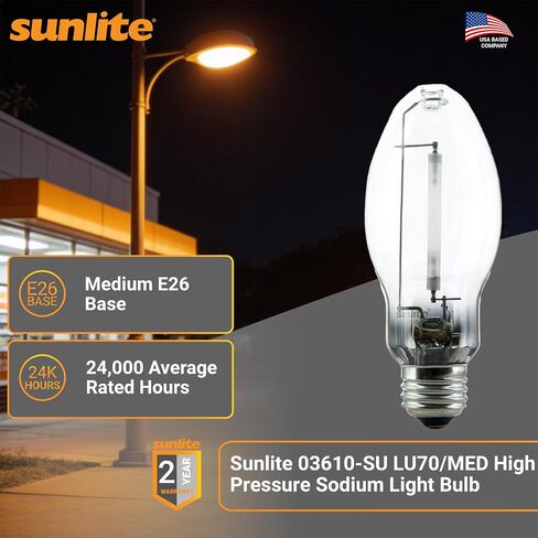 لمبة إضاءة Sunlite عالية الضغط الصوديوم ED17 HID، 70 واط، 6000 لومن، 2100 كلفن أبيض دافئ، 24 CRI، قاعدة لولبية متوسطة (E26)، شفافة، لأضواء الشوارع، ومواقف السيارات والتركيبات التجارية، عبوتان in Kuwait