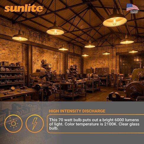 لمبة إضاءة Sunlite عالية الضغط الصوديوم ED17 HID، 70 واط، 6000 لومن، 2100 كلفن أبيض دافئ، 24 CRI، قاعدة لولبية متوسطة (E26)، شفافة، لأضواء الشوارع، ومواقف السيارات والتركيبات التجارية، عبوتان in Kuwait