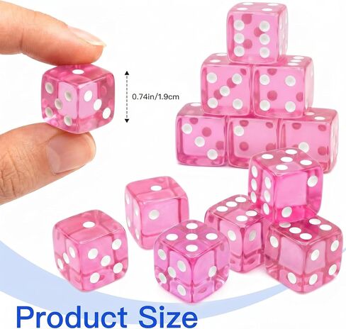 20 Piece 19 mm Casino Style Dice Set, Acrylic Translucent D6 Dice with Square Rounded Edge, Pink for Craps, Table Games, Board Games, RPG, MTG, DND(Pink) in Kuwait