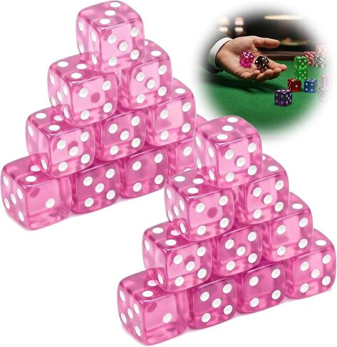 20 Piece 19 mm Casino Style Dice Set, Acrylic Translucent D6 Dice with Square Rounded Edge, Pink for Craps, Table Games, Board Games, RPG, MTG, DND(Pink) in Kuwait