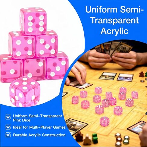 20 Piece 19 mm Casino Style Dice Set, Acrylic Translucent D6 Dice with Square Rounded Edge, Pink for Craps, Table Games, Board Games, RPG, MTG, DND(Pink) in Kuwait