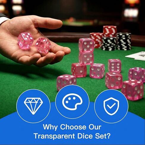 20 Piece 19 mm Casino Style Dice Set, Acrylic Translucent D6 Dice with Square Rounded Edge, Pink for Craps, Table Games, Board Games, RPG, MTG, DND(Pink) in Kuwait
