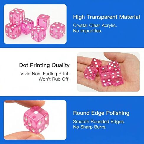 20 Piece 19 mm Casino Style Dice Set, Acrylic Translucent D6 Dice with Square Rounded Edge, Pink for Craps, Table Games, Board Games, RPG, MTG, DND(Pink) in Kuwait