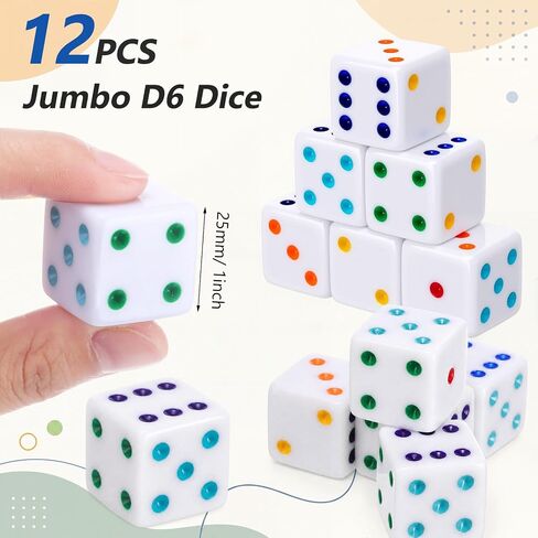 Seenelling 12 قطعة 25 مم نرد جامبو كبير غير شفاف أبيض D6 مع نقاط متعددة الألوان للكازينو والكرابس وألعاب الطاولة وألعاب الطاولة in Kuwait