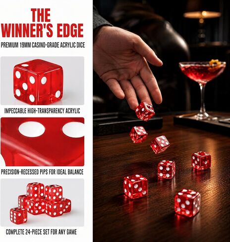 24 PCS Red Casino Dice Set: 19mm Large Dices Standard Game Acrylic Red Colored Dice Bulk for Casino Party Games Vegas Birthday Math in Kuwait