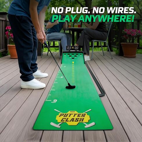 لعبة وضع الكرة الإلكترونية Izzo Golf Putter Clash - لوحة نتائج رقمية و4 أوضاع لعب، لعبة جولف داخلية وخارجية للبالغين، حصيرة خضراء بطول 11 قدمًا، هدايا جولف للرجال، مضرب وكرات متضمنة in Kuwait