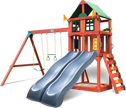 Gorilla Playsets 01-1057 Playmaker Deluxe Wooden Swing Set with Vinyl Canopy Roof, Dual Wave Slides, and Rock Climbing Wall, Redwood Stained Cedar in Saudi Arabia