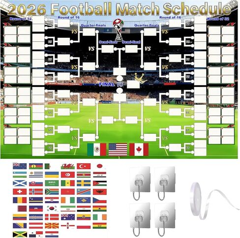 Suxxyyds 2026 Worlds Cup Schedule Poster, Worlds Cup Bracket Poster 2026, 59 x 35-Inch Wall Chart with 2 Sets of Reusable National Flag Stickers, 64 Country Flags, For Watch Parties and Office Pools in Kuwait