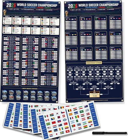 2026 World Soccer Cup Schedule & Match Fabric Wall Chart Set – 2 Large Cloth Posters with Marker & National Flag Stickers for wonderful Soccer Fans Gift Soccer Game Night Decorations (75x130cm) in Kuwait