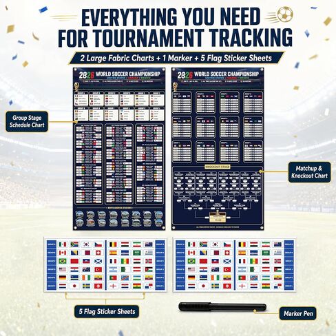2026 World Soccer Cup Schedule & Match Fabric Wall Chart Set – 2 Large Cloth Posters with Marker & National Flag Stickers for wonderful Soccer Fans Gift Soccer Game Night Decorations (75x130cm) in Kuwait