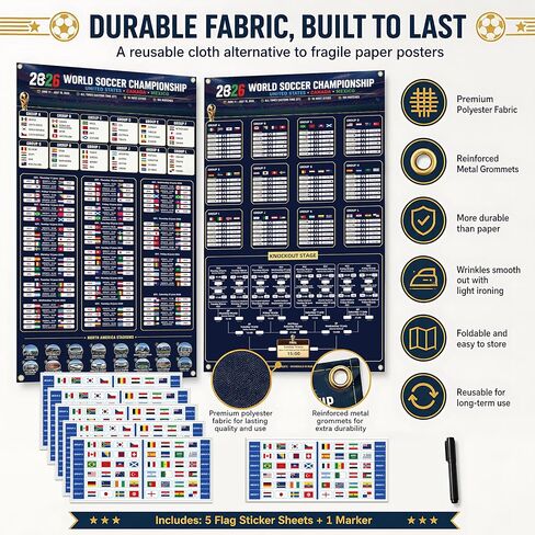 2026 World Soccer Cup Schedule & Match Fabric Wall Chart Set – 2 Large Cloth Posters with Marker & National Flag Stickers for wonderful Soccer Fans Gift Soccer Game Night Decorations (75x130cm) in Kuwait