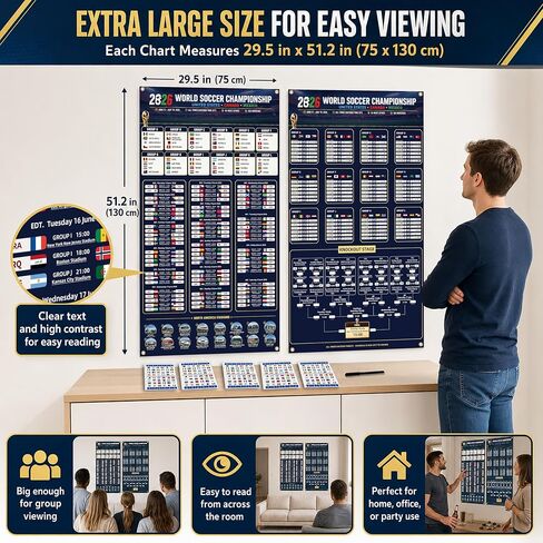 2026 World Soccer Cup Schedule & Match Fabric Wall Chart Set – 2 Large Cloth Posters with Marker & National Flag Stickers for wonderful Soccer Fans Gift Soccer Game Night Decorations (75x130cm) in Kuwait