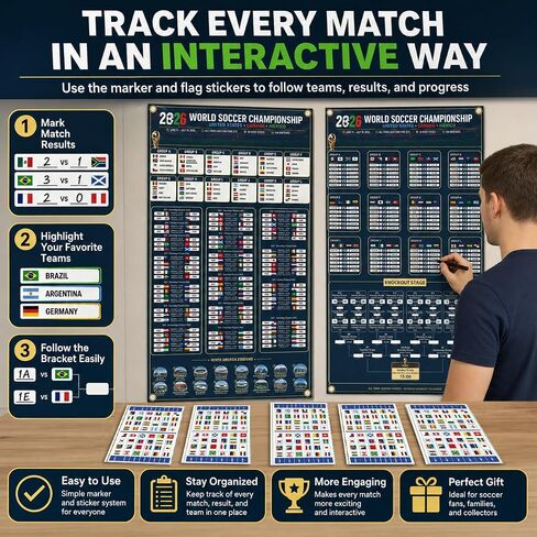 2026 World Soccer Cup Schedule & Match Fabric Wall Chart Set – 2 Large Cloth Posters with Marker & National Flag Stickers for wonderful Soccer Fans Gift Soccer Game Night Decorations (75x130cm) in Kuwait