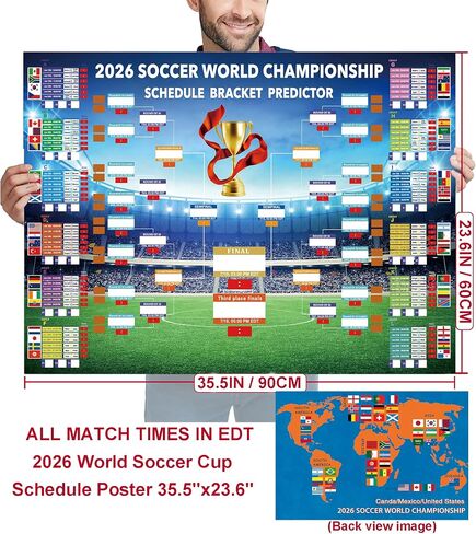 MORTICO 2026 World Cup Bracket Poster 35.5"x23.6" - Bracket Predictor Chart with All Group Matches (A-L) Through Final- EDT Times, Soccer Party Decor Sports Bar Essentials, Great Soccer Fans Gifts in Kuwait