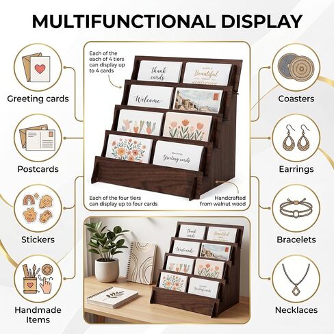 4-Tier Wooden Greeting Card Display Stand, Card Rack for Stickers, Postcards, Photos, Stationery, Small Products, Home Office Decor & Organizer, Lightweight for Vendor Booths, Craft Fairs in Kuwait