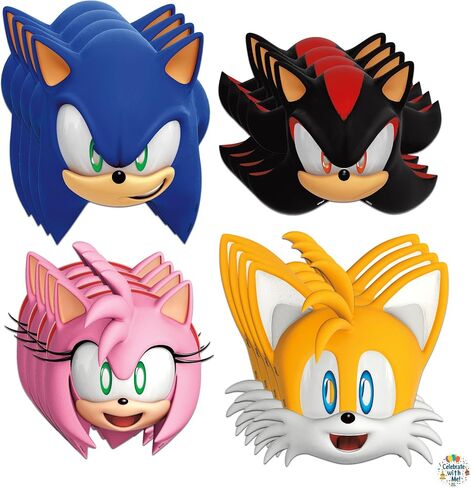 فريدة من نوعها Sonic the Hedgehog Party Malcks 16 أقنعة ورقية متنوعة مع الاحتفال مع ملصق Me | لوازم حفلة عيد ميلاد صوتي للأطفال in Kuwait