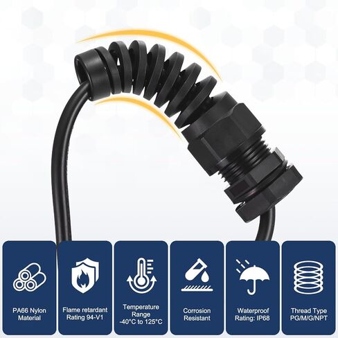 MECCANIXITY 5Pcs NPT 1/2" Strain Relief Cord Connector, PA66 Nylon IP68 Waterproof Cable Gland White Flexible Spiral Pigtail Cord Grip Strain Relief with Gaskets for 7-12mm Cable Range in Kuwait