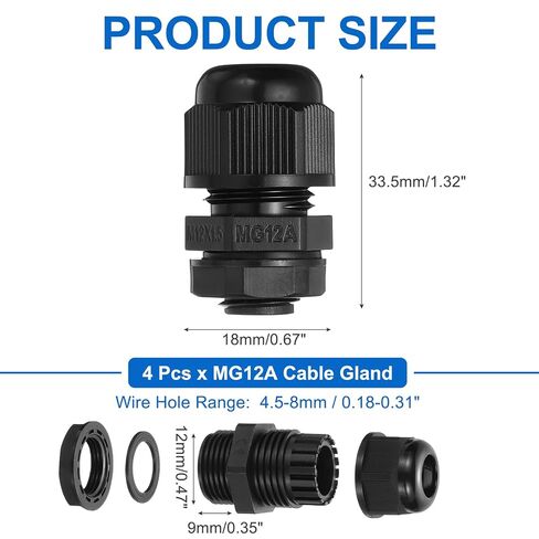 MECCANIXITY 4 قطع M12 كابل غدة، فتحة سلك 4.5-8 مم وصلة نايلون مقاومة للماء لتثبيت الكابلات والأسلاك والإصلاح واستبدال الغدة والأجهزة الكهربائية، أسود in Kuwait
