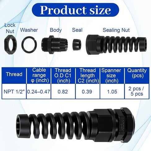 NPT 1/2" Waterproof Cable Glands, 4-Pack Adjustable 6-12mm Spiral Strain Relief Cord Connector, Nylon Flexible Cable Grip for Electrical Junction Box (Black) in Kuwait