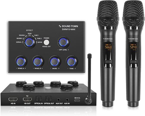 Sound Town 16 Channels Wireless Microphone Karaoke Mixer System w/ 2 Wireless Mics, HD ARC, Optical (Toslink), AUX, Supports Smart TV, Media Box, PC, Bluetooth, Soundbar, Receiver (SWM15-MAX) in Kuwait