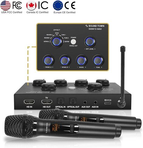 Sound Town 16 Channels Wireless Microphone Karaoke Mixer System w/ 2 Wireless Mics, HD ARC, Optical (Toslink), AUX, Supports Smart TV, Media Box, PC, Bluetooth, Soundbar, Receiver (SWM15-MAX) in Kuwait
