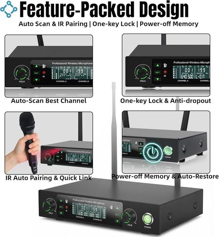 Wireless Microphone System, Dual Metal Cordless Mic Set for Karaoke Singing, Church, DJ, Party, Wedding, 500ft Long Range, Auto Scan, Anti-Interference, Handheld Dynamic Microphones in Kuwait