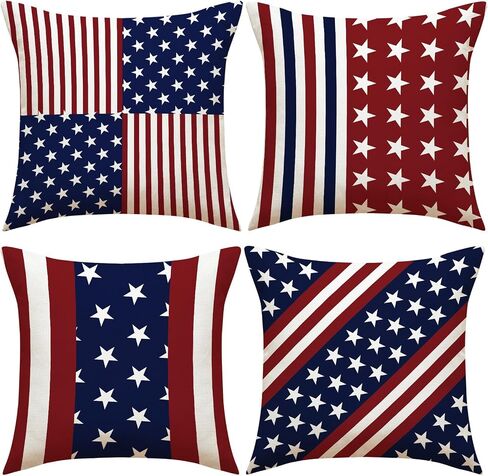 American Independence Day Throw Pillow Set - Creative Three-Dimensional Star Embroidery - Linen - Red, White and Blue - Living Room, Sofa, Bedroom Home Decoration - 18x18 Inches - 4-Piece Set in Kuwait