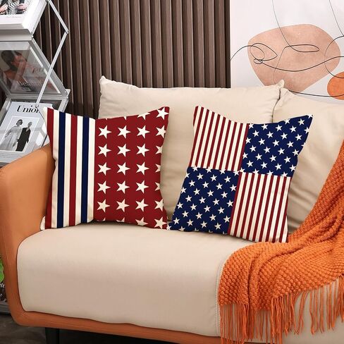 American Independence Day Throw Pillow Set - Creative Three-Dimensional Star Embroidery - Linen - Red, White and Blue - Living Room, Sofa, Bedroom Home Decoration - 18x18 Inches - 4-Piece Set in Kuwait