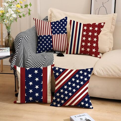 American Independence Day Throw Pillow Set - Creative Three-Dimensional Star Embroidery - Linen - Red, White and Blue - Living Room, Sofa, Bedroom Home Decoration - 18x18 Inches - 4-Piece Set in Kuwait